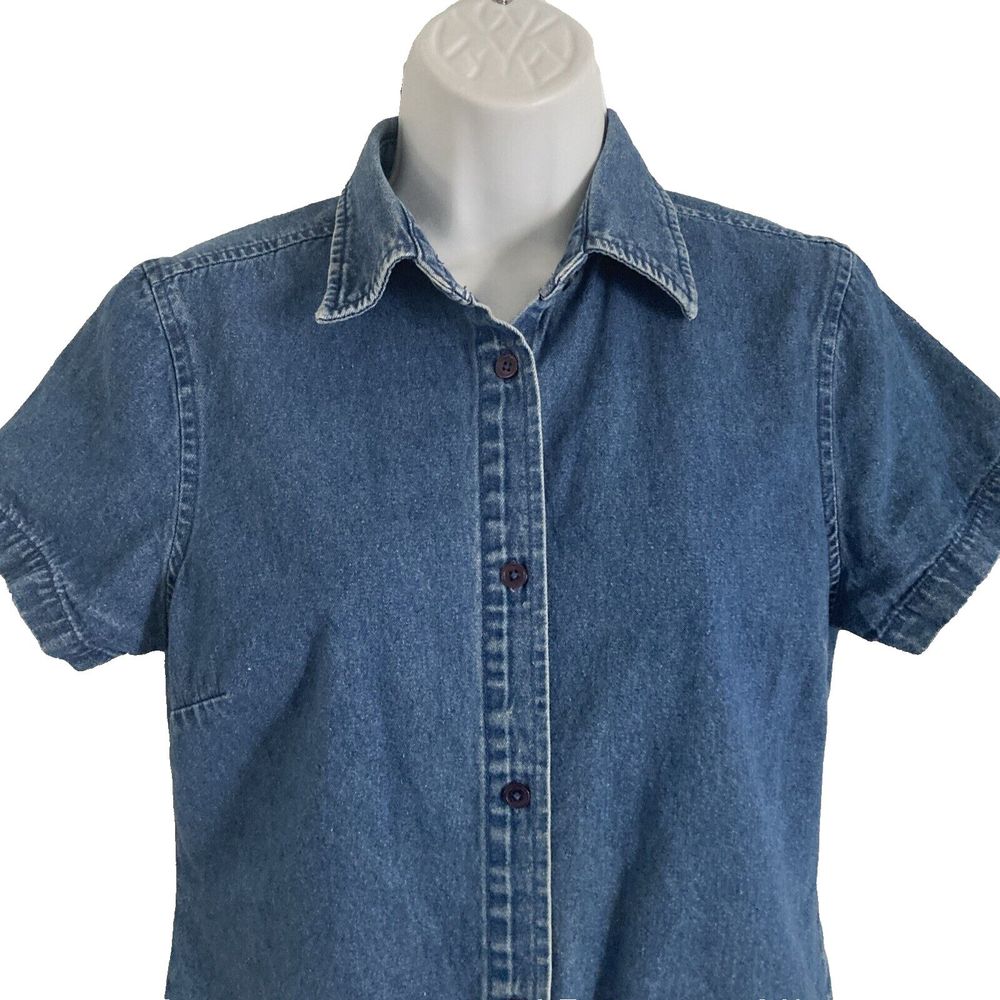 Basic Editions Shirt Womens Small Blue Denim Embroidered Short Sleeve Blouse Y2K - Picture 5 of 10